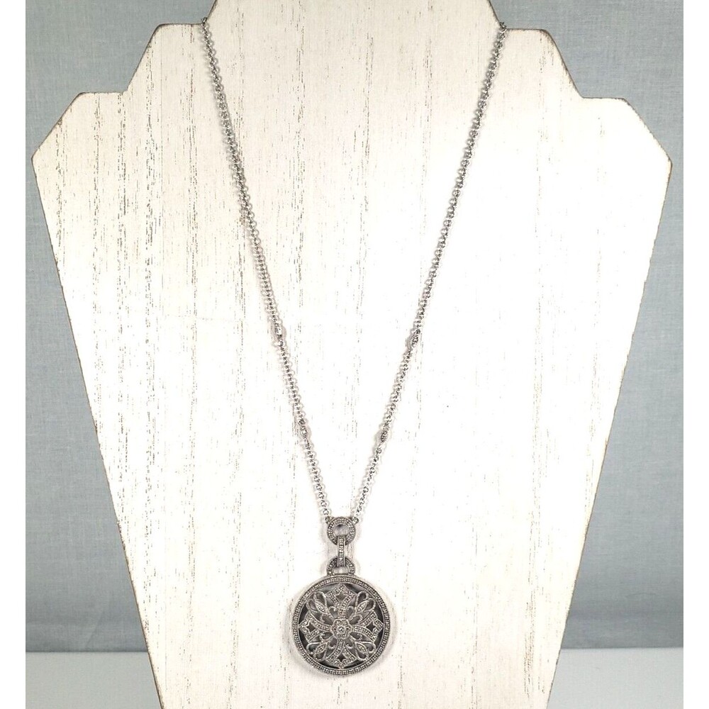 Vintage 925 Sterling Silver w Diamond Circle Cross Hearts Pendant Chain Necklace - Picture 4 of 16